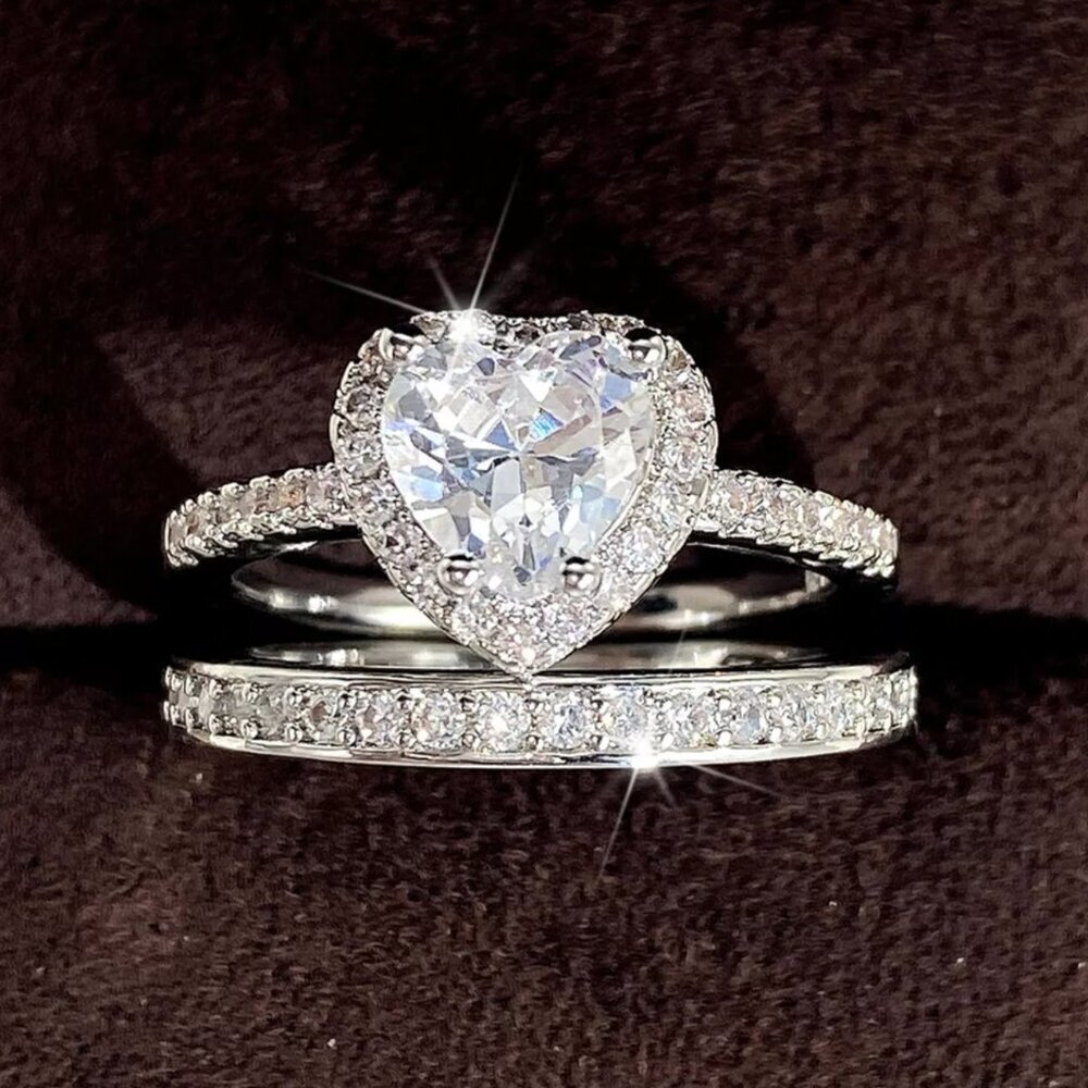 NEW 925 Sterling Silver Diamond Heart Ring Band Set of 2 DIamond Rings - Picture 3 of 6